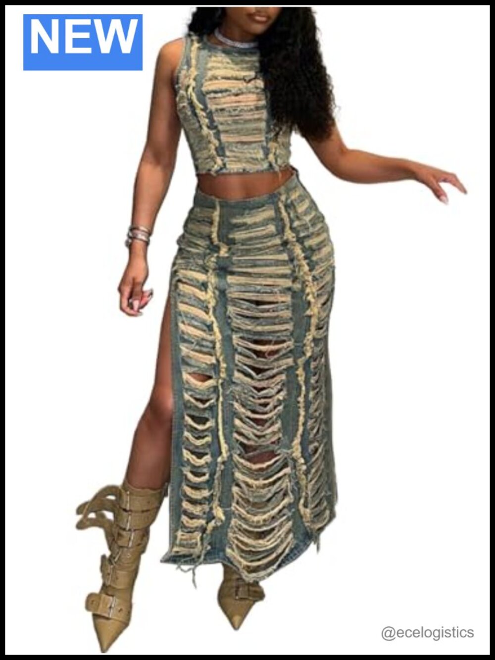 KANSOON 2 Piece Denim Set Crop Tank & Split Maxi Skirt Sleeveless Ripped